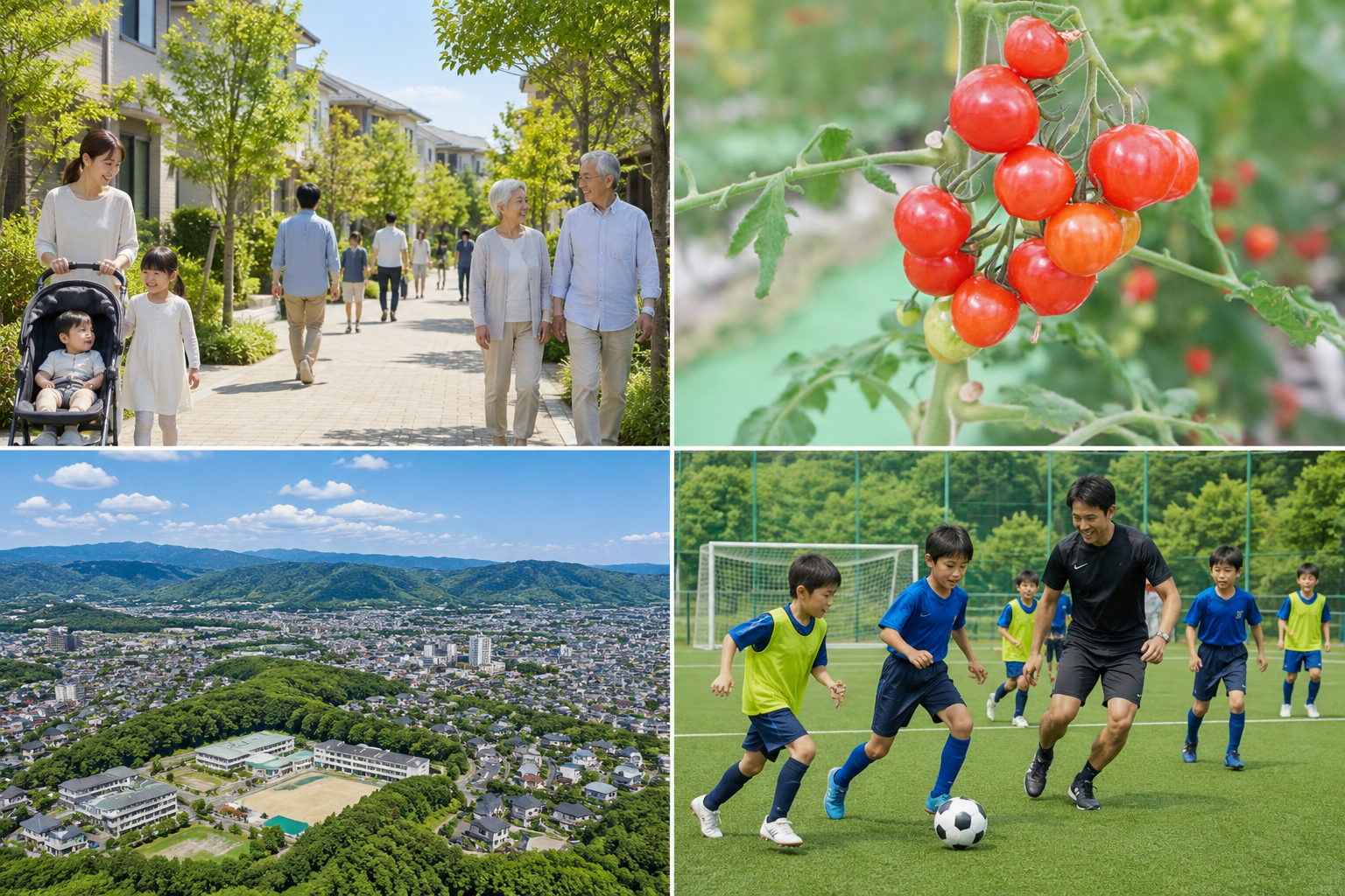 街で暮らす人々、トマト、地域の町並み、サッカー指導の風景