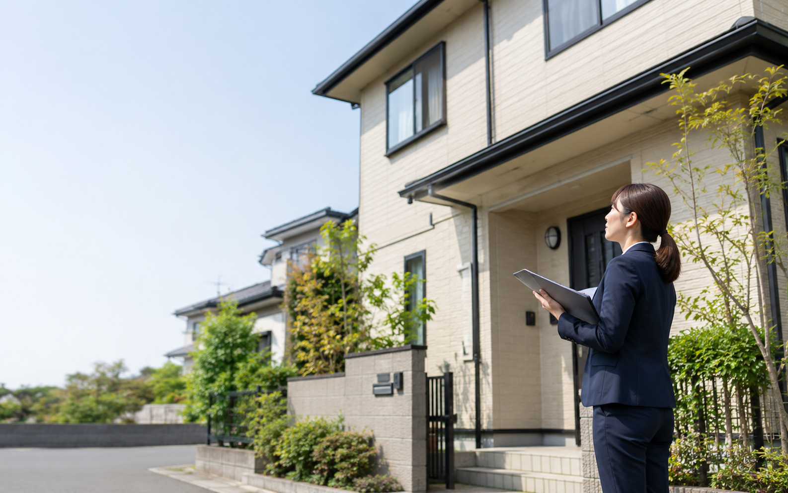 戸建て住宅を現地確認する女性スタッフ